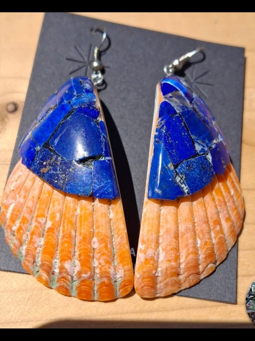 Navajo Made One Of A Kind Genuine Orange Spiny And Lapis Earring